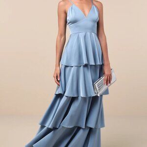 Lulus Going with Elegance Slate Blue Satin Tiered Gown - L